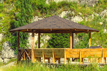 Large wooden pavilion in the forest
