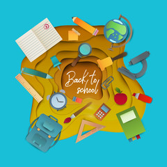 Back to school banner. Paper cut cartoon polygonal trendy craft style. Modern origami teaching, education and learning symbol design. Concept background for poster, banner. Vector illustration.