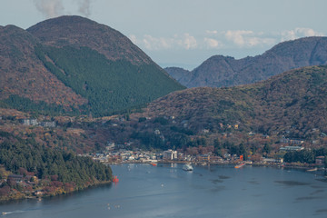 Lake Ashi and Motohakone town in autumn season, Hakone, Japan.