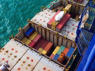 Fototapeta na wymiar Top view containers are loading onboard at Thailand port