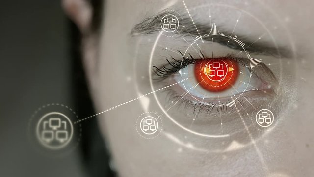 Young cyborg female blinks then computer network symbols appears. 4K+ 3D animation concept.