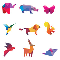Vector illustration of color origami animals - obrazy, fototapety, plakaty