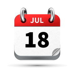 Bright realistic icon of calendar with 18 july date isolated on white