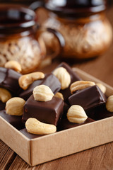 Handmade chocolate bonbons with hazelnut
