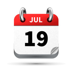 Bright realistic icon of calendar with 19 july date isolated on white