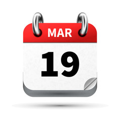 Bright realistic icon of calendar with 19 march date isolated on white