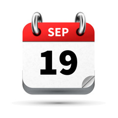 Bright realistic icon of calendar with 19 september date isolated on white