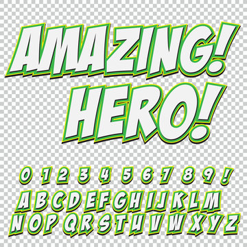 Creative high detail comic font. Alphabet of comics, pop art. Letters and figures for decoration of kids