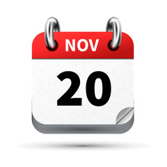 Bright realistic icon of calendar with 20 november date isolated on white