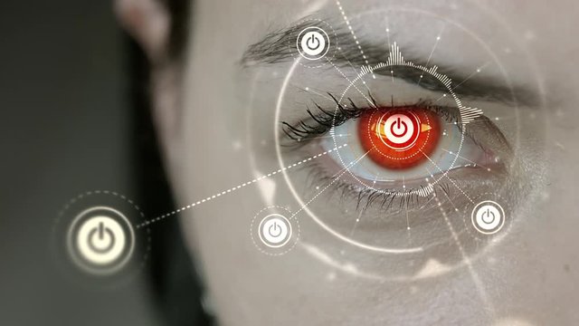 Young cyborg female blinks then start symbols appears. 4K+ 3D animation concept.