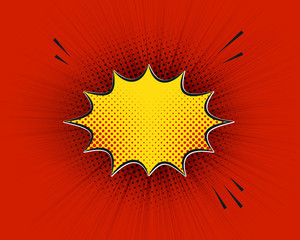 Comic speech bubble explosion, red background. Pop art cartoon background, dots, explosions, shapes.