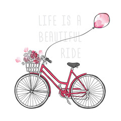 Retro bicycle with a flowers and a air balloon. Vector illustration.