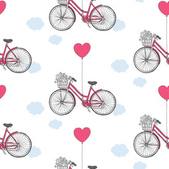 Seamless pattern for a Valentine's Day. Retro bicycle with a flowers and a air balloon. Vector illustration.