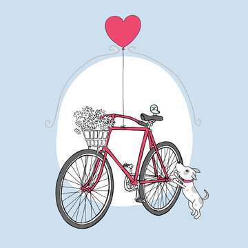 Card for Valentine's Day. Retro bicycle with a dog, bird and a air balloon. Vector illustration.