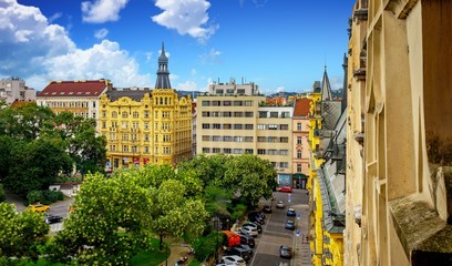 Aerial view from The New Town Hall Tower in the old center of Prague - the capital and largest city...