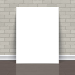 Vector illustration of a white vertical poster standing on a white stand against a white brick wall background