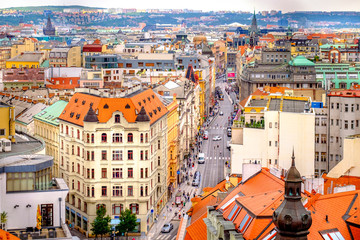 Fototapeta na wymiar Aerial view from The New Town Hall Tower in the old center of Prague - the capital and largest city of the Czech Republic.