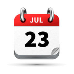 Bright realistic icon of calendar with 23 july date isolated on white