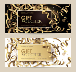 Gift voucher with gold ribbons, serpentine and glitter. Christmas gift certificate. Vector template for gift card, coupon and certificate for a spa, beauty salon, shops, cosmetics and restaurants - obrazy, fototapety, plakaty