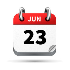 Bright realistic icon of calendar with 23 june date isolated on white