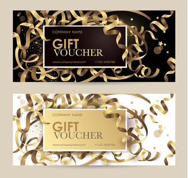 Gift Voucher With Gold Ribbons, Serpentine And Glitter. Christmas Gift Certificate. Vector Template For Gift Card, Coupon And Certificate For A Spa, Beauty Salon, Shops, Cosmetics And Restaurants