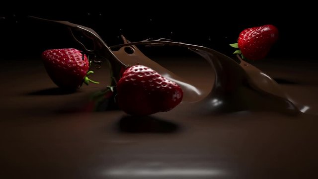 Strawberries fall into melted chocolate