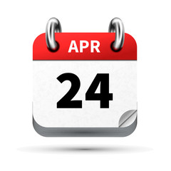 Bright realistic icon of calendar with 24 april date isolated on white