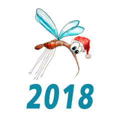 Christmas background with mosquito. Watercolor sketch