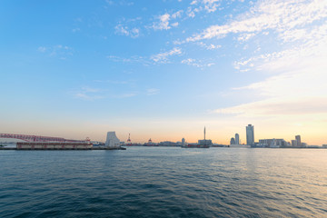 Obraz premium River of Osaka in sunset, Harbour Osaka in sunset