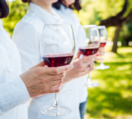 Young beautiful girls with glass of red wine in the park