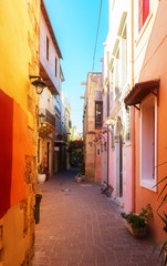 Fototapeta na wymiar cosy street of Chania old town, Crete, Greece, retro toned