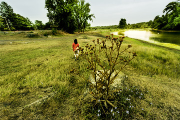Obraz na płótnie Canvas Rural landscape with young girl