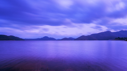 Beautiful scenery of Srinagarind Reservoir or Srinakharin dam in twilight , Kanchanaburi Province , Thailand