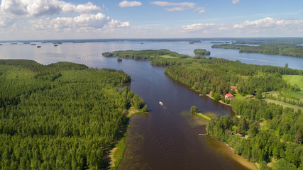 Aerial view of a river, lake and forest