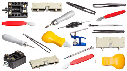 various tools for repairing watches isolated