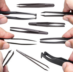 collage from various black plastic tweezers