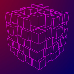 Fototapeta premium Siatka szkieletowa Big Data Cube wykonana z wielu kostek. Struktura połączenia. Koncepcja wizualizacji informacji cyfrowych. Ilustracji wektorowych.