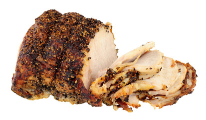 Roasted peppered pork joint isolated on a white background