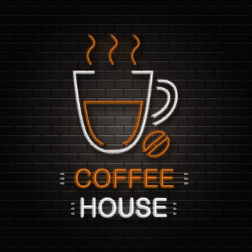 Vector isolated neon sign of coffee cup for decoration on the wall background. Realistic neon logo for coffee house. Concept of cafe and restaurant.
