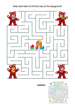 Maze game or activity page for kids: Help each bear to find the way to the playground. Answer included.
