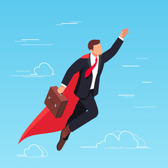 Isometric businessman flying in the sky like a superhero.