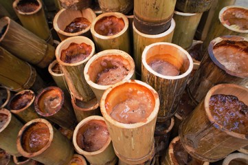 Thai dessert , coconut milk with sticky rice in bamboo, Khao Lam