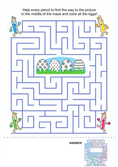 Easter maze game and coloring activity page for kids: Help the pencils to get to the picture in the middle and color the eggs! Answer included.
