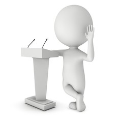 3d Speaker Podium and small man. Tribune Rostrum Stand with Microphones. 3d render isolated on white background. Debate, press conference concept