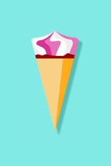 Strawberry & Cream Ice Cone Flat Icon Illustration