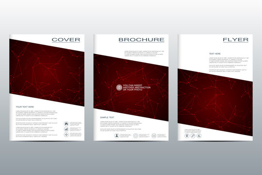 Brochure template layout, flyer, cover, annual report, magazine in A4 size. Structure of molecular particles and atom. Polygonal abstract background. Vector illustration