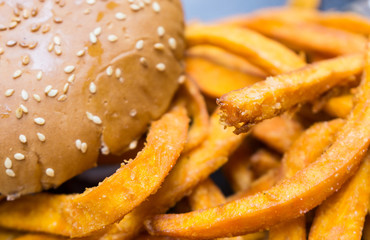 sweet potatoe fries and burger