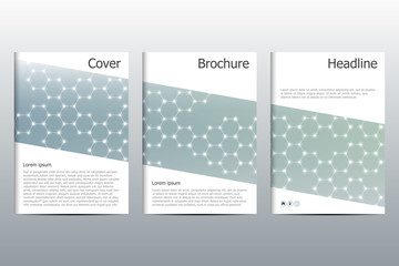 Fototapeta na wymiar Brochure template layout, flyer, cover, annual report, magazine in A4 size. Structure of molecular particles and atom. Polygonal abstract background. Vector illustration.