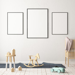 Mockup poster in the children's room in pastel colors. Scandinavian style. 3d illustration. © shuruev