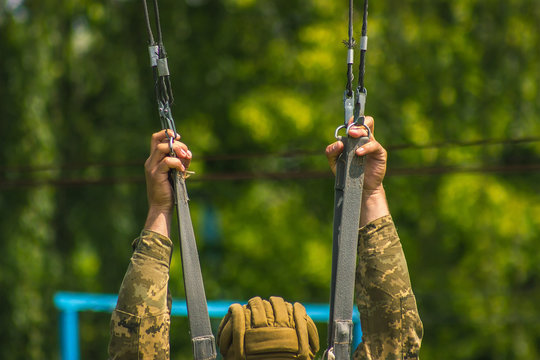 Paratrooper Training Jump From Parachute